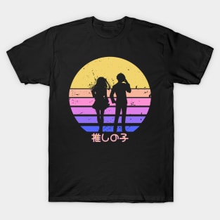 Oshi no ko or My star anime characters Aqua and Ruby hoshino transparent silhouette in kawaii distressed vintage sunset T-Shirt